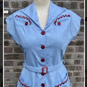 1940s/50's Lucille Dress in Pale Blue 50s fleck with Red